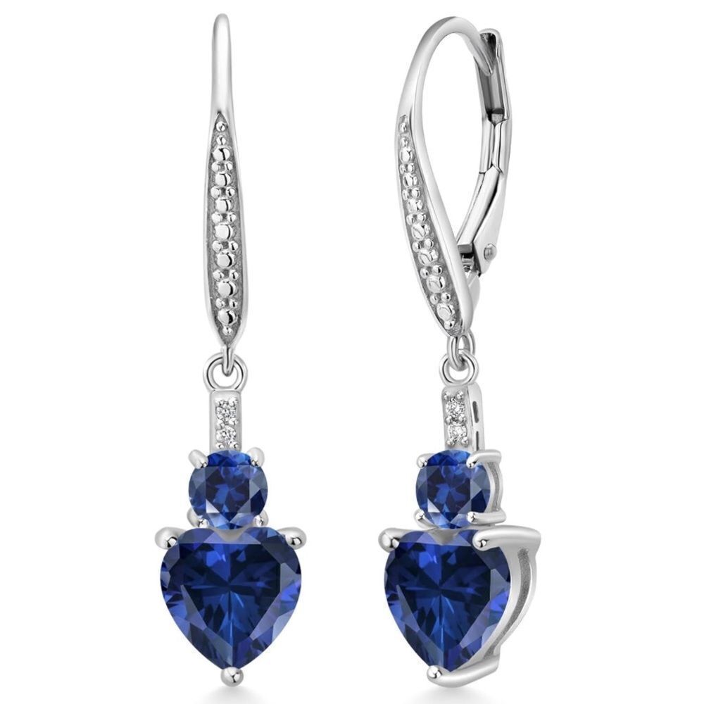 925 Sterling Silver with 2.73 Cttw Blue Sapphire and Diamond Heart Drop Earrings